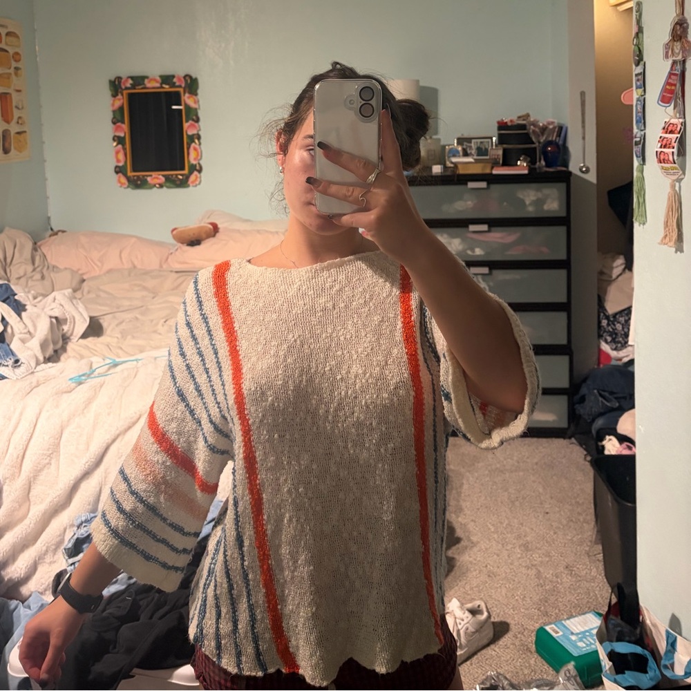 Striped Knit Sweater with Coral and Blue Stripes